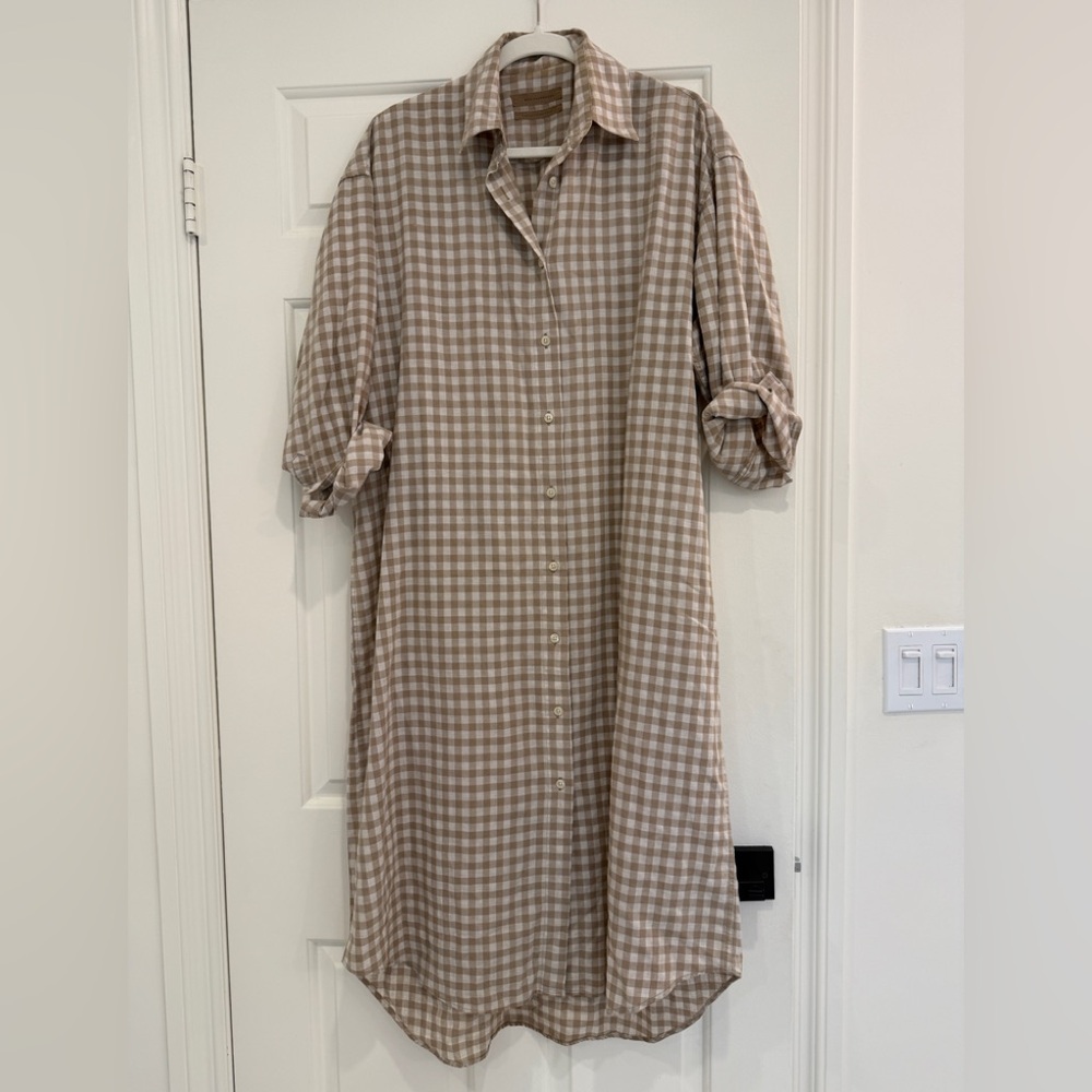 Beige Gingham Long Sleeve Shirt Dress - Women Monica Cordera
